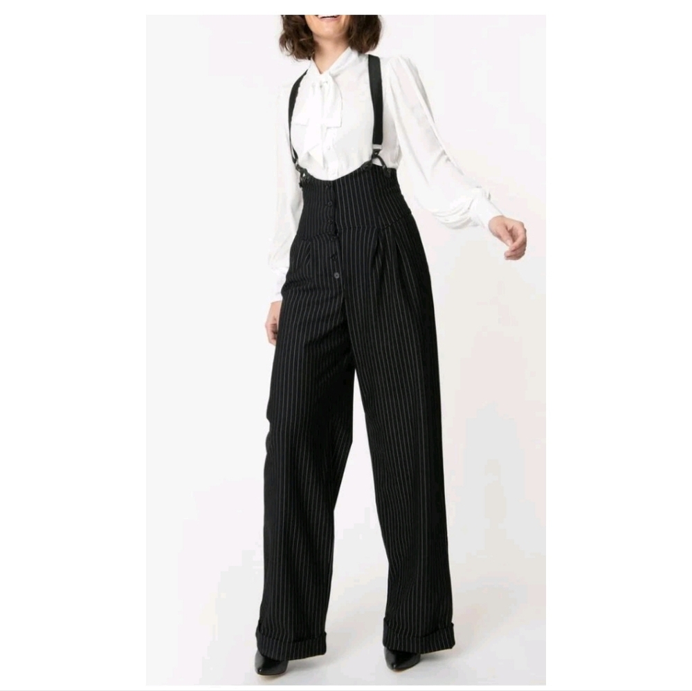 Unique Vintage XL Thelma Black Pinstripe High-Waisted Wide-Leg Pants Suspenders - Picture 1 of 16